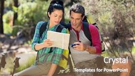  Presentation with compass map - Cool new presentation theme with couple hiker studying map and compass on the wood backdrop and a coral colored foreground