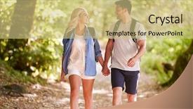  Presentation with woodland - PPT theme with couple hiking along woodland path background and a soft green colored foreground