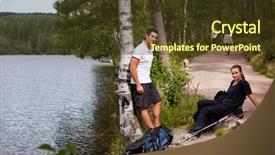 Presentation with woods - Cool new presentation theme with couple hiking in the woods taking a break by the lake backdrop and a tawny brown colored foreground