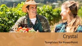  Presentation with vineyard - Slide deck having couple holding baskets of vegetables background and a yellow colored foreground