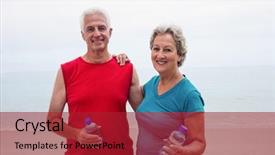  Presentation with active seniors senior couple - Theme featuring couple holding bottle while exercising background and a crimson colored foreground