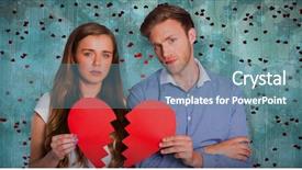  Presentation with broken heart - Presentation consisting of couple holding broken heart against blue paint splashed surface background and a seafoam green colored foreground