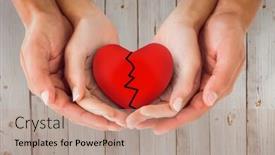  Presentation with broken heart - Colorful presentation design enhanced with couple holding broken heart in hands against wooden background backdrop and a coral colored foreground