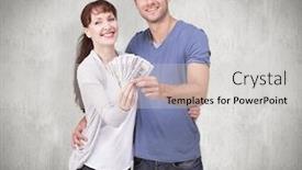  Presentation with cash - Presentation design having couple holding fan of cash against weathered surface background and a light gray colored foreground