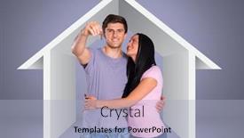  Presentation with house key - PPT layouts having couple holding key with house icon in front of vignette background and a light blue colored foreground
