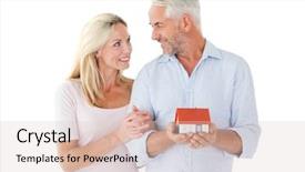  Presentation with kidney transplant holding a model - PPT theme consisting of couple holding miniature model house background and a  colored foreground