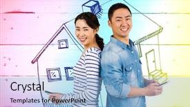  Presentation with business plan blue - Beautiful slides featuring couple holding smartphone against paint backdrop and a light blue colored foreground