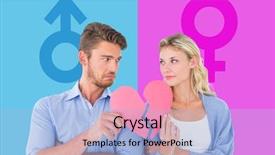  Presentation with gender - Theme featuring couple holding two halves of broken heart against female gender symbol background and a light blue colored foreground
