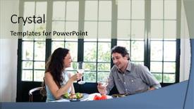  Presentation with dining restaurant - Theme featuring couple holding wine glass and interacting at dining table in the restaurant background and a mint green colored foreground