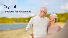  Presentation with happy retirement - PPT theme with couple hugging over beach background background and a sky blue colored foreground