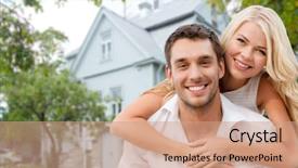  Presentation with family and home love concept - Amazing presentation theme having couple hugging over house background backdrop and a coral colored foreground