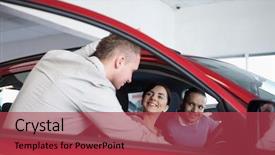  Presentation with salesman - Beautiful slides featuring couple in a car listening to a salesman in a car shop backdrop and a red colored foreground