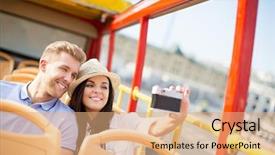  Presentation with dltb bus - Amazing slide deck having couple in a tourist bus backdrop and a coral colored foreground