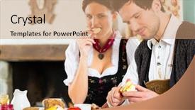  Presentation with hut - Amazing theme having couple in a traditional mountain hut having a meal backdrop and a coral colored foreground