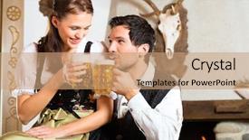  Presentation with hut - Presentation theme featuring couple in a traditional mountain hut with fireplace drinking beer background and a coral colored foreground
