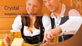  Presentation with hut - Amazing presentation theme having couple in a traditional mountain hut having a meal with bread and cold cuts backdrop and a gold colored foreground