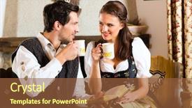  Presentation with hut - Amazing slide deck having couple in a traditional mountain hut with fireplace drinking coffee or tea backdrop and a tawny brown colored foreground
