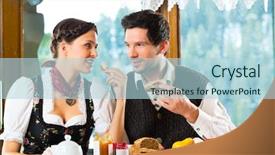  Presentation with hut - PPT theme consisting of couple in a traditional mountain hut having a hearty breakfast background and a light blue colored foreground