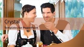  Presentation with hut - Beautiful PPT layouts featuring couple in a traditional mountain hut having a hearty breakfast backdrop and a coral colored foreground