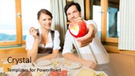  Presentation with hut - Beautiful PPT theme featuring couple in a traditional mountain hut having a meal breakfasting with fruits cold cuts cheese and bread backdrop and a coral colored foreground