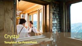  Presentation with hut - Theme having couple in a traditional mountain hut having a meal - view through the window background and a tawny brown colored foreground