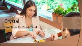  Presentation with grand opening cafe - PPT layouts with couple in an open-air background and a coral colored foreground