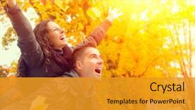  Presentation with young happy couple - Audience pleasing PPT layouts consisting of couple in autumn park fall backdrop and a gold colored foreground