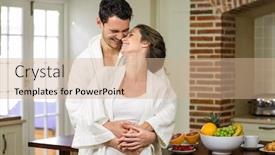  Presentation with blooding of nose - Amazing PPT layouts having couple in bathrobe rubbing their nose while embracing each other in kitchen backdrop and a coral colored foreground