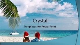  Presentation with tropical christmas - Beautiful PPT theme featuring couple in blue clothes on a tropical beach at christmas backdrop and a light blue colored foreground