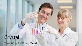 Presentation with biology - Audience pleasing PPT layouts consisting of couple in bright modern lab backdrop and a light blue colored foreground