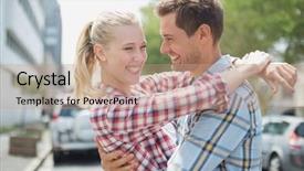  Presentation with denim - Theme with couple in check shirts and denim hugging each other on a sunny day in the city background and a coral colored foreground