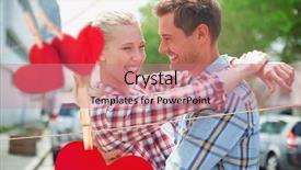  Presentation with denim - Beautiful presentation design featuring couple in check shirts and denim hugging each other against hearts hanging on a line backdrop and a coral colored foreground