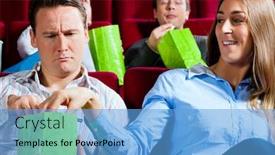  Presentation with movie popcorn - Amazing PPT layouts having couple-in-cinema-watching backdrop and a light blue colored foreground