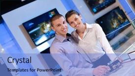  Presentation with consumer electronics - PPT theme with couple in consumer electronics store background and a light blue colored foreground