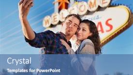  Presentation with las vegas sign - Colorful slide set enhanced with couple in front of las vegas sign taking selfie with smartphone backdrop and a ocean colored foreground