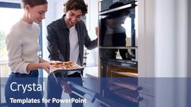  Presentation with kitchen - Presentation design enhanced with couple-in-kitchen-at-home background and a ocean colored foreground