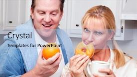  Presentation with healthy eating - Theme enhanced with couple in kitchen eating donut and coffee or healthy fruit background and a light blue colored foreground