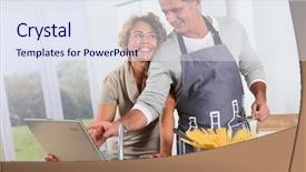  Presentation with recipe - Presentation theme featuring couple in kitchen looking at recipe on internet background and a sky blue colored foreground