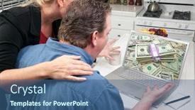  Presentation with win - PPT theme having couple in kitchen using laptop to earn or win money screen image can easily be replaced using the included clipping path background and a ocean colored foreground