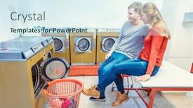  Presentation with laundromat - Slide set with couple-in-laundromat-watching background and a sky blue colored foreground