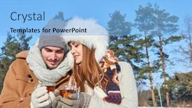  Presentation with relaxation - Beautiful PPT theme featuring couple in love drinks tea during their winter holiday relaxation trip backdrop and a light blue colored foreground