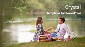  Presentation with food bank - PPT layouts featuring couple in love enjoying picnic time drink and food in beautiful nature on the river bank background and a violet colored foreground