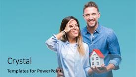  Presentation with young happy couple - Presentation enhanced with couple in love holding house background and a light blue colored foreground
