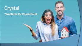  Presentation with young happy couple - PPT theme featuring couple in love holding house background and a teal colored foreground
