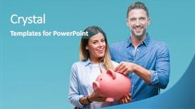  Presentation with young happy couple - Presentation theme having couple in love holding piggy background and a teal colored foreground