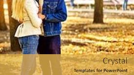  Presentation with flower woman - Colorful PPT theme enhanced with couple in love into autumn fall city park outdoor man and woman with flower hug under tree people and bench on background backdrop and a yellow colored foreground