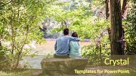  Presentation with draping - Amazing theme having couple in love sitting on a river bank with the man draping his arm over the woman on a warm summer day backdrop and a tawny brown colored foreground