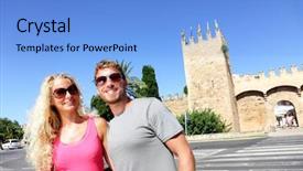  Presentation with tourists - Theme consisting of couple in mallorca spain spanish background and a light blue colored foreground