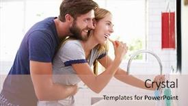  Presentation with teeth - Audience pleasing PPT theme consisting of couple in pajamas brushing teeth backdrop and a coral colored foreground