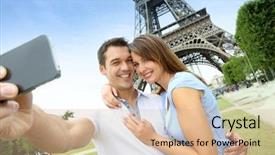  Presentation with eiffel tower - Slide deck having couple in paris taking pictures background and a soft green colored foreground